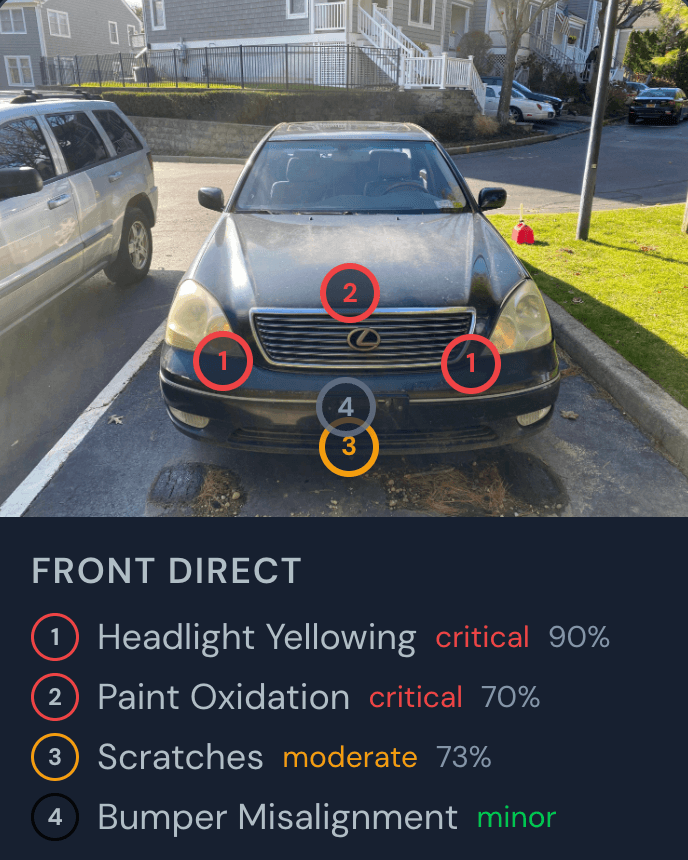 2004 Lexus LS 430 front view with AI-detected findings: headlight yellowing, paint oxidation, scratches, and bumper misalignment